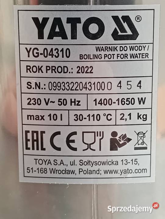 Warnik do wody marki YATO o pojemności 10L sprzedam