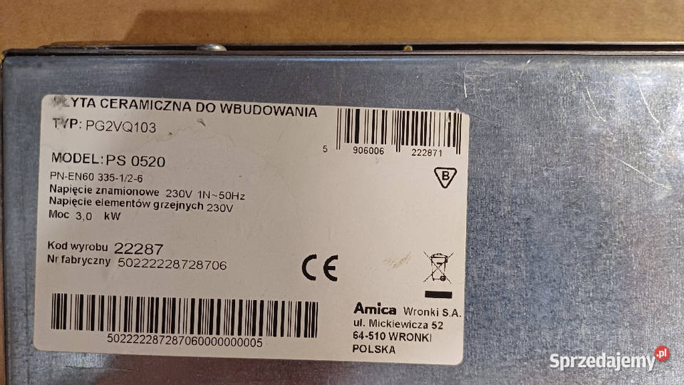 Płyta ceramiczna do zabudowy Amica 0520 Kuchenki i piekarniki Warszawa