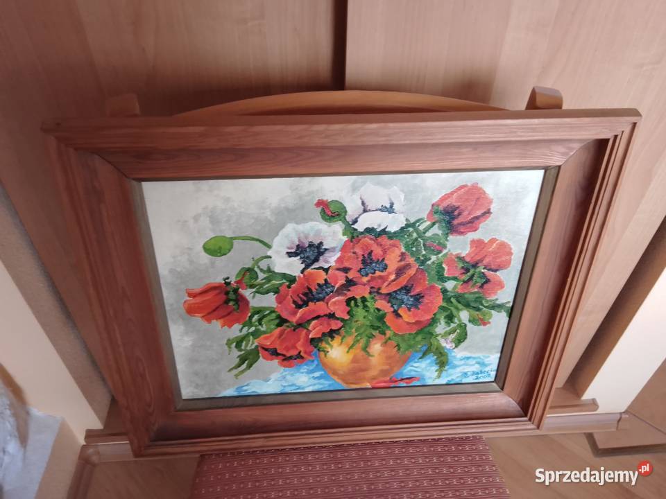 Śliczny obraz z buketem maków w drewnianej ramie Sosnowiec