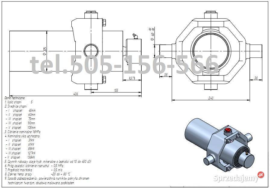Siłownik wywrotu 406 skok 1200 z kołyską i Brzozówka