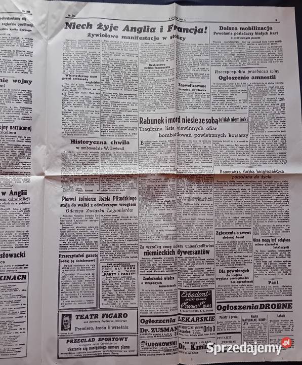 Express Poranny Poniedziałek 4 września 1939 r Antyki, Sztuka, Kolekcje wielkopolskie Koźminek