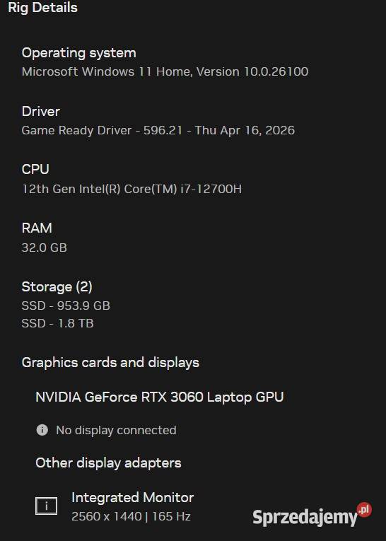 Laptop MSI 156 2K 165Hz RTX 3060 i7 12700H 32GB Kamera  świętokrzyskie Kielce