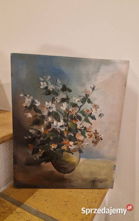 OBRAZ martwa natura kwiaty olej płótno autograf