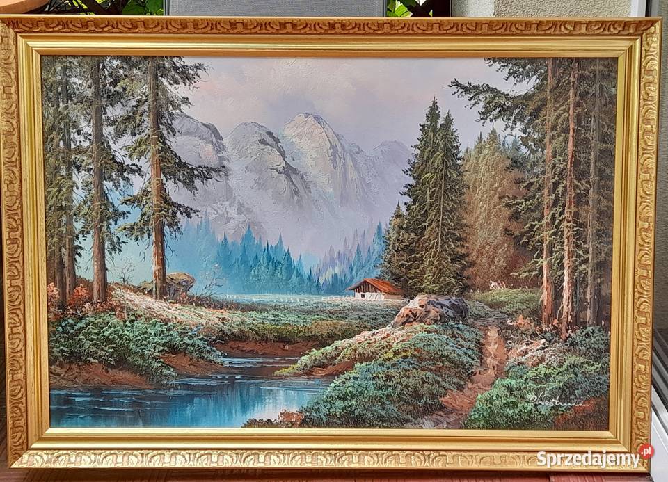 Alpejski pejzaż obraz olejny złota ornamentowa Iłża