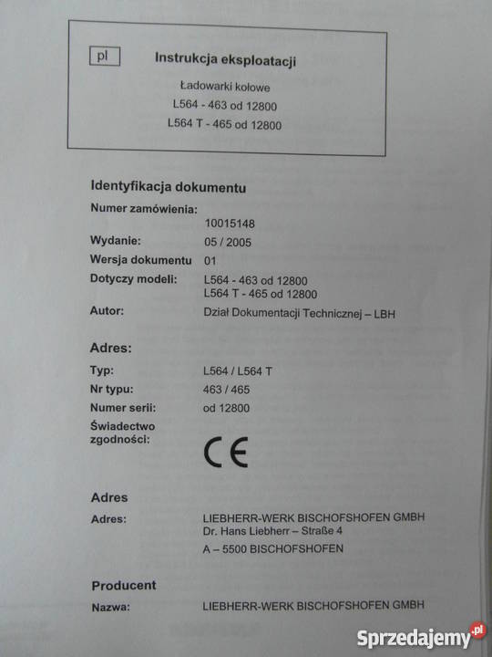 instrukcja obslugi dtr ładowarka liebherr l564 i Pozostałe zachodniopomorskie Szczecin