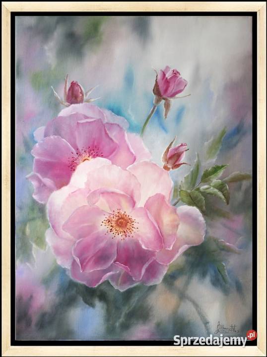 Różowe Róże ręcznie malowany olejny LOlbrycht Malarstwo Nowy Sącz