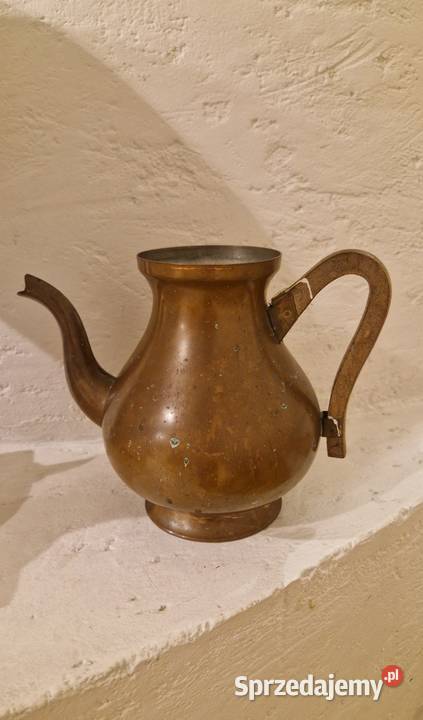 Stary miedziany DZBANEK z drewnianymi uchwytem Lublin