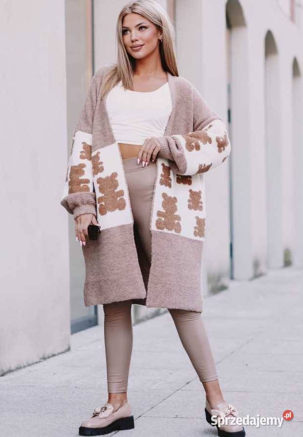 Długi Kardigan Oversize Daisy Beżowy Nowy Kawęczyn