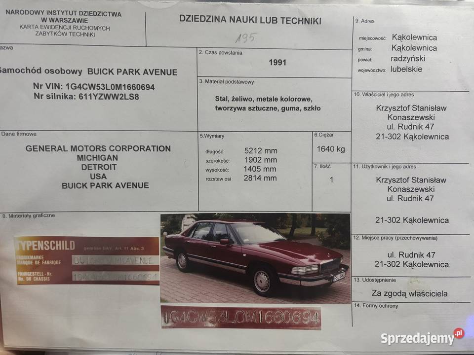 Buick Park Avenue zarejestrowany jako pojazd aluminiowe felgi dolnośląskie Skała