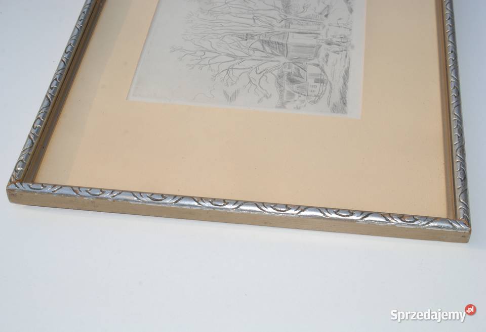 Stary obraz grafika krajobraz z ramką drewnianą Cieszyn
