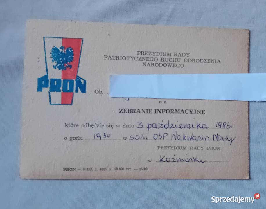 Zaproszenie na zebranie informacyjne PRON 1985 r Koźminek sprzedam