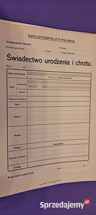 Świadectwo urodzenia i chrztu LATA 30 XX wieku Kraków