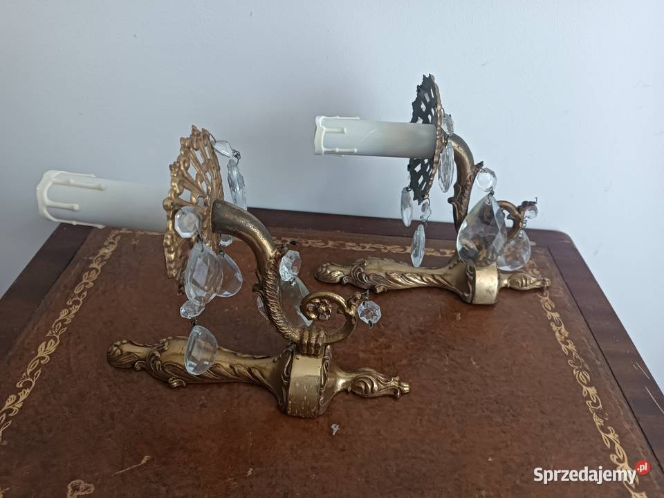 Stare kinkiety z kryształami mosiądz Budzyń