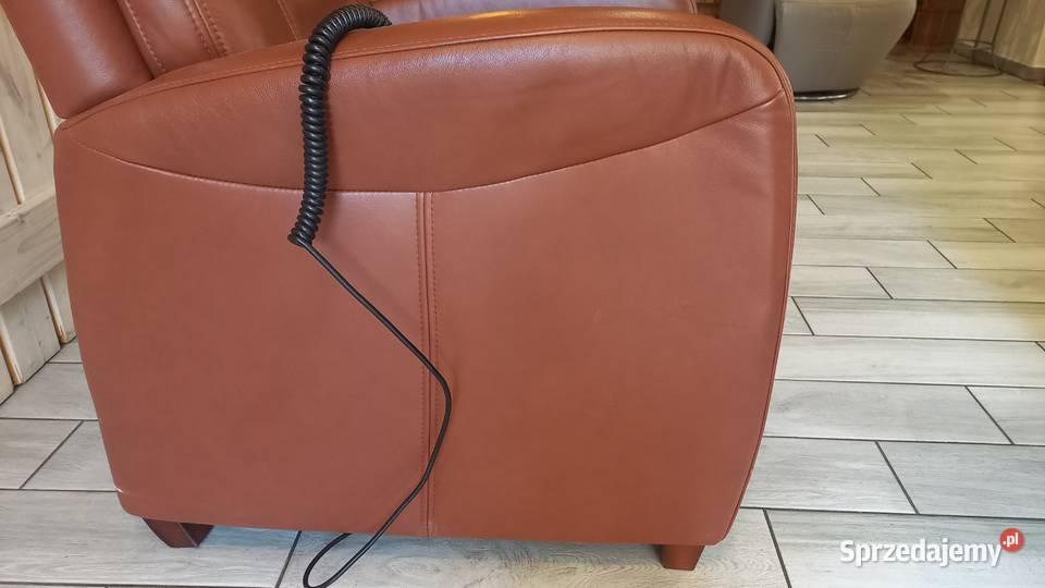 Fotel skórzany rozkładany relax na pilot brązowy 80cm Gawroniec