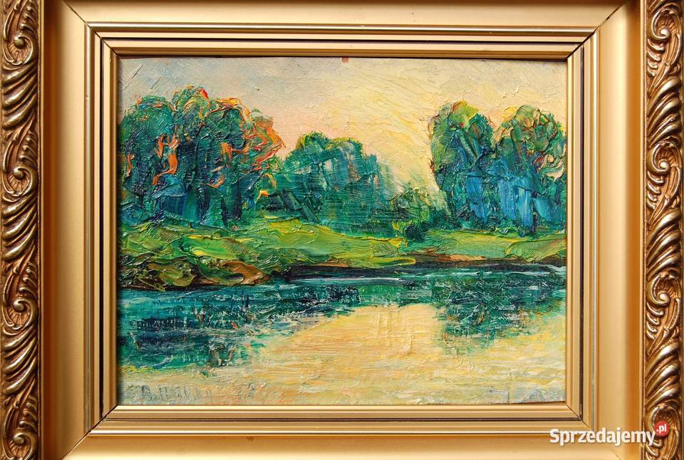 Zachód słońca rzeką las pejzaż obraz olejny Lublin