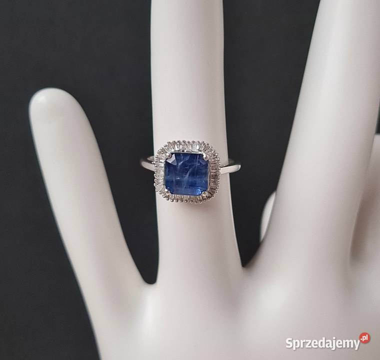 Pierścionek srebro rodowane 925 szafir diamenty Pierścionki sprzedam
