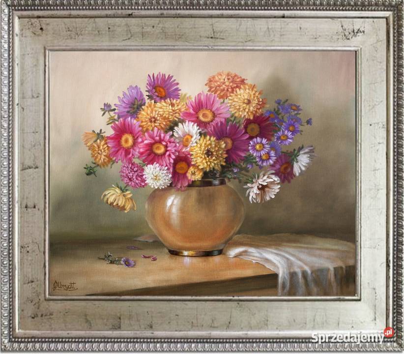 Astry w Wazonie ręcznie malowany olejny L Nowy Sącz