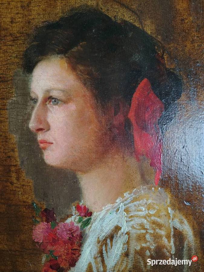 Portret młodej kobiety stary obraz olejny Kartuzy