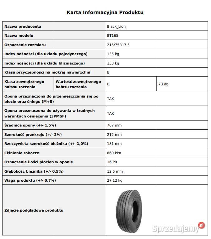Opona 21575 R175 BlackLion BT165 przód 75 Zarębki sprzedam