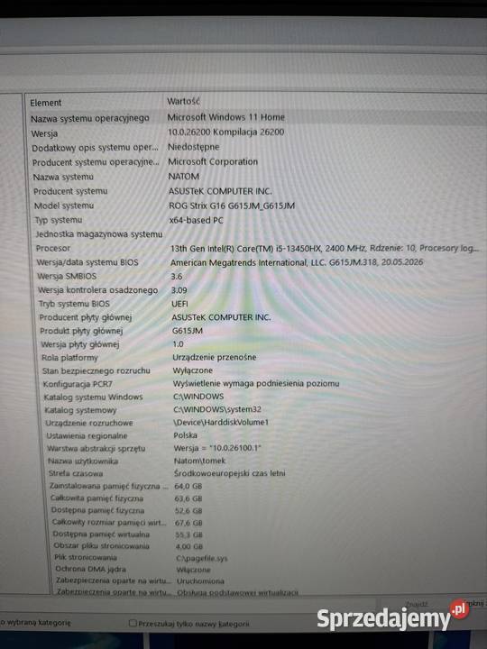 Zestaw ASUS ROG Strix G16 i513450HX64GB1TB Siedlce