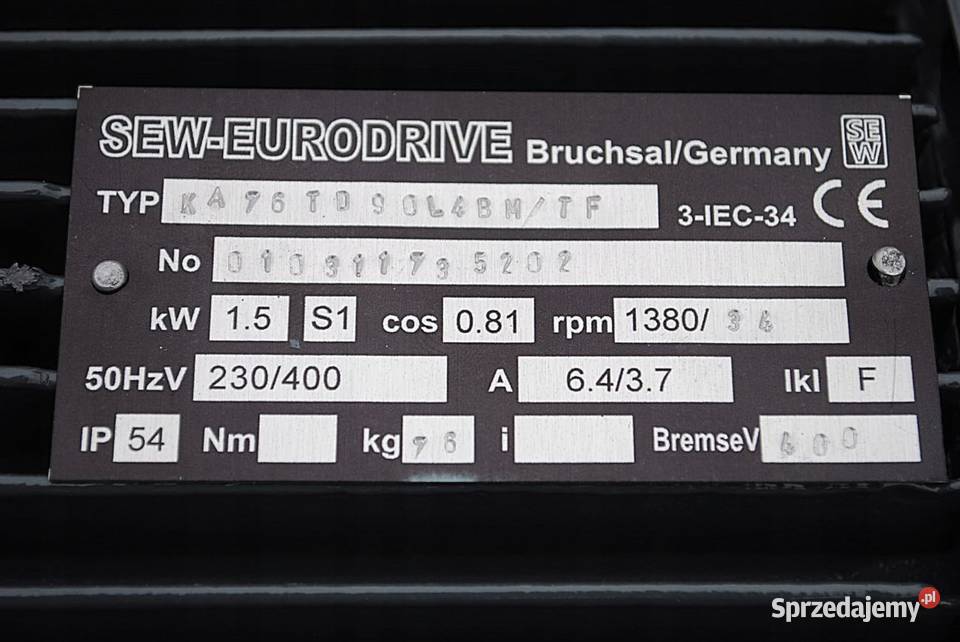 Motoreduktor kątowy 15kw 34obrmin z hamulcem SEW lubuskie Kargowa