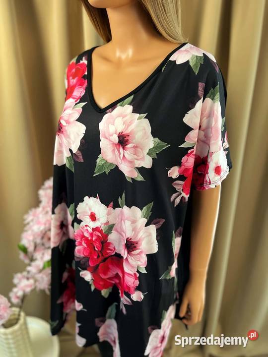 Czarna tunika plus size kwiaty oversize 5XL 50 czarny Bluzki i koszule Augustówka