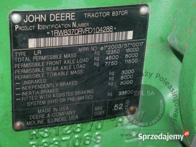 Ciągnik rolniczy JOHN DEERE 8370R 2015r Magnice