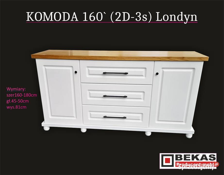 Śliczna Biała Komoda 160 LONDYN 2D3s Dębowy Blat