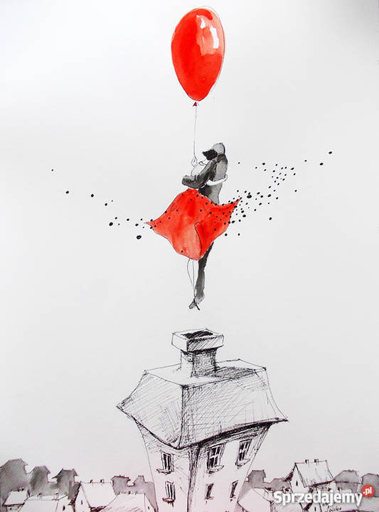 Grafika akwarelą i piórkiem Zakochani artystki A