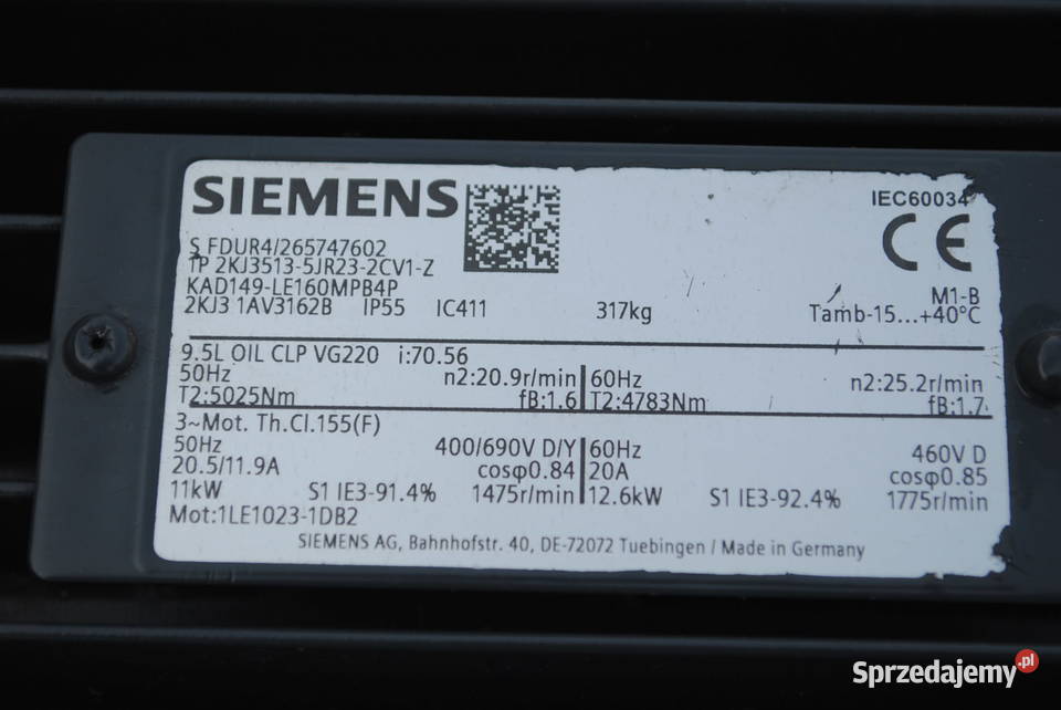 Motoreduktor kątowy 11kw 21obrmin SIEMENS Kargowa