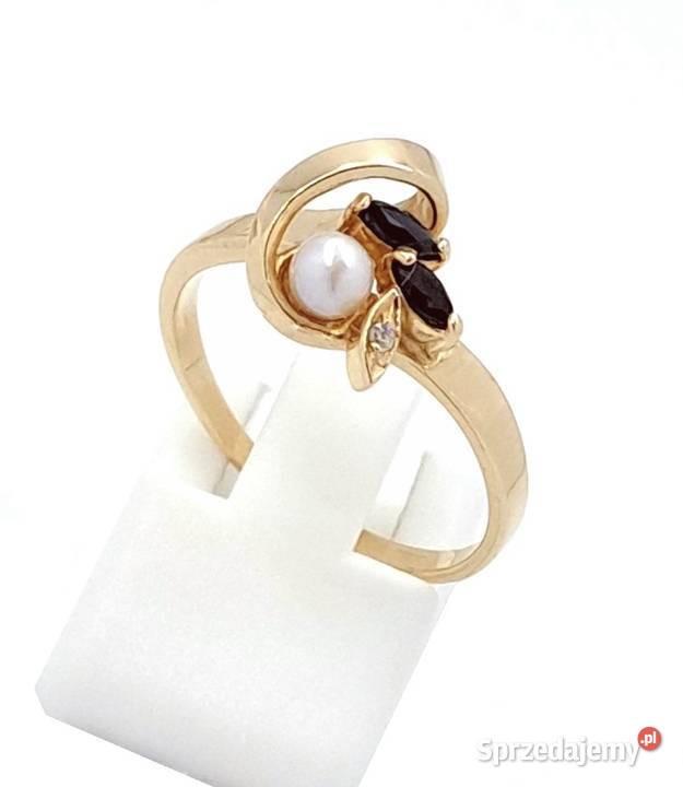 Pierścionek r16 Złoty pr585 Perła i szafiry Z649 Poznań