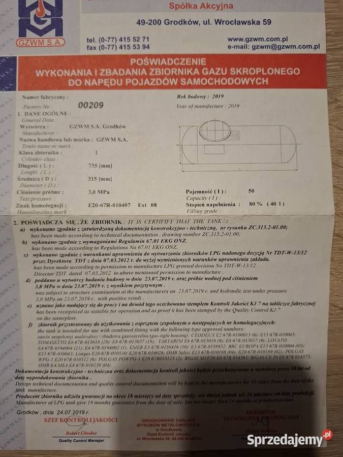 Instalacja gazowa Stag zbiornik 50l Pozostałe opolskie Zawada