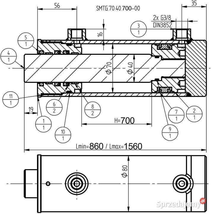 SIŁOWNIK HYDRAULICZNY SMTG 70x40 SKOK 700 Solec Kujawski sprzedam