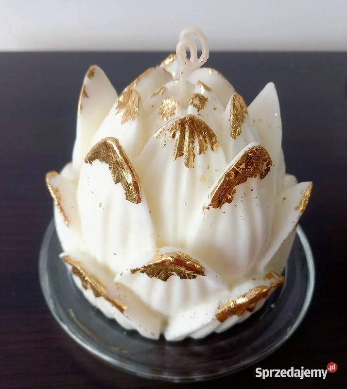 Duża świeca sojowa ze złoceniem Kwiat lotosu beżowy Kraków sprzedam
