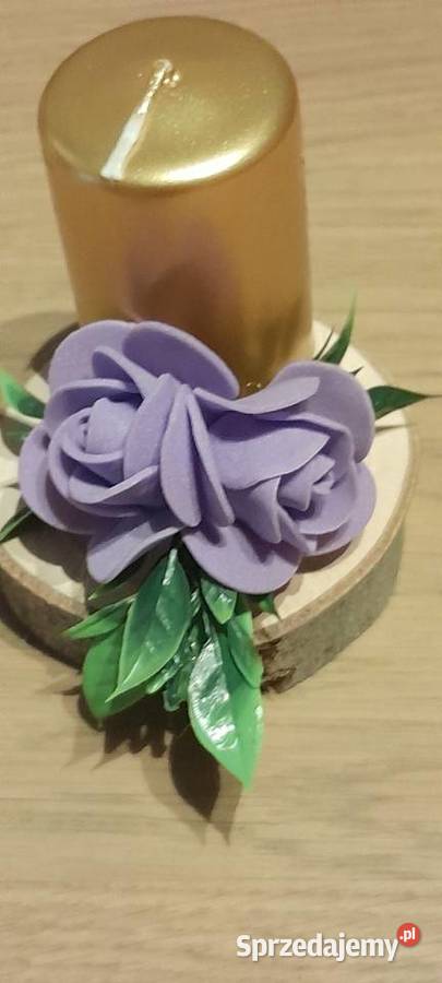 Mini swiecznik z różyczkami na plastrze drewna Sochaczew