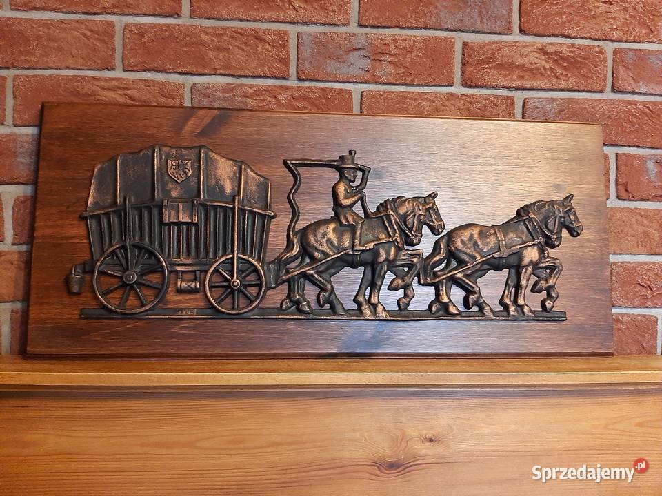 Płaskorzeźba odlew żeliwny Dyliżans Woźnica z Lubień