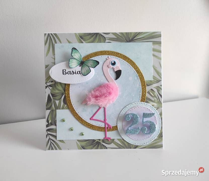 Kartka urodzinowa ręcznie robiona z flamingiem Rękodzieło łódzkie Łódź sprzedam