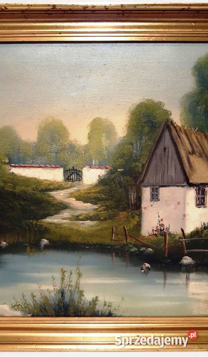Stary ładny olejny na płótnie Wiejski pejzaż w Warszawa