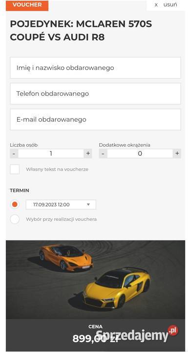 Voucher pojedynek Mclaren 720s Coupe vs Audi R8 małopolskie Kraków