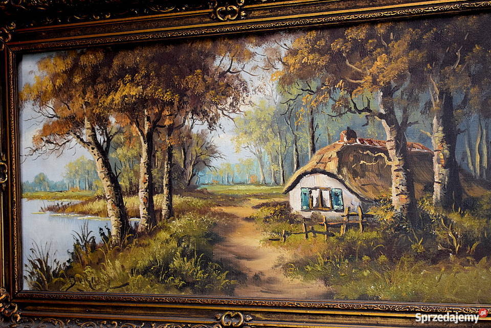 STARY OBRAZ OLEJNY OLEJ NA PŁÓTNIE DUŻY Z RAMĄ Świdnica