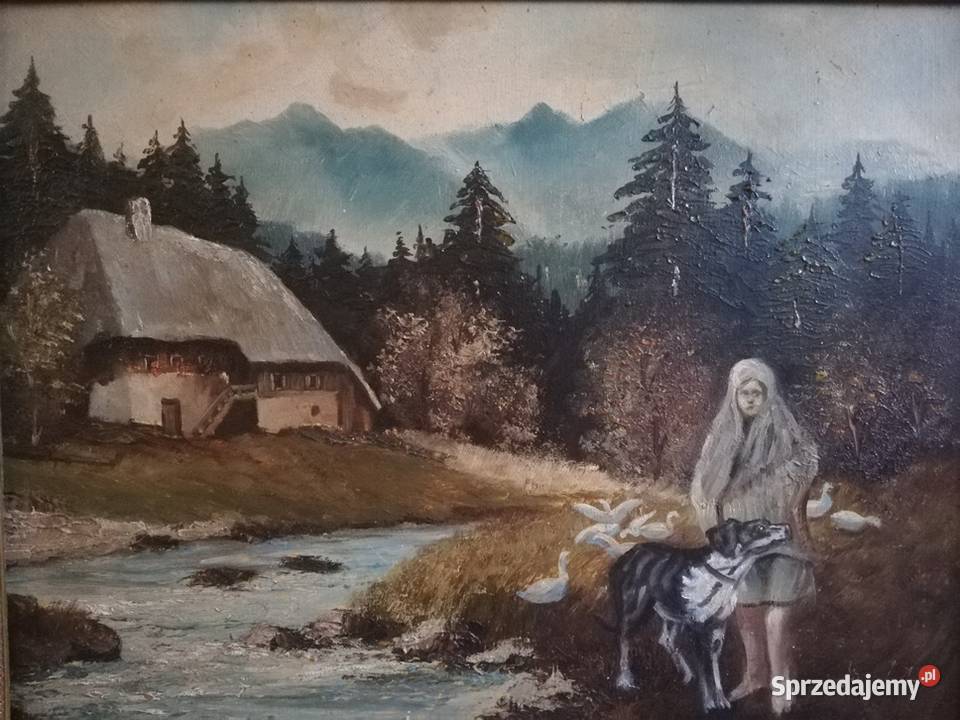 Piękna scena rodzajowa olejna sygnowana w ramie Łódź