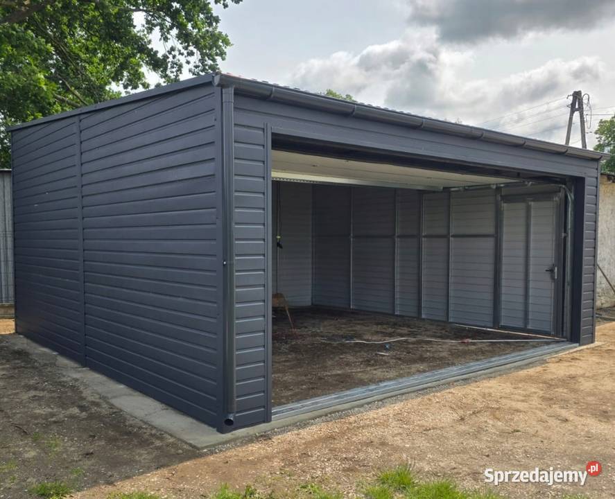 Garaż blaszany 5x6 jednospadowy na przód z bramą