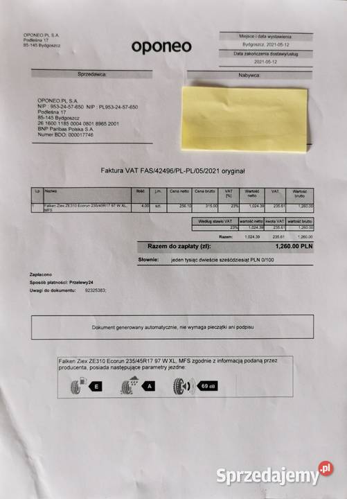 Komplet Opon Lato 23545 R17 Falken ZIEX ZE310 Dziecinów