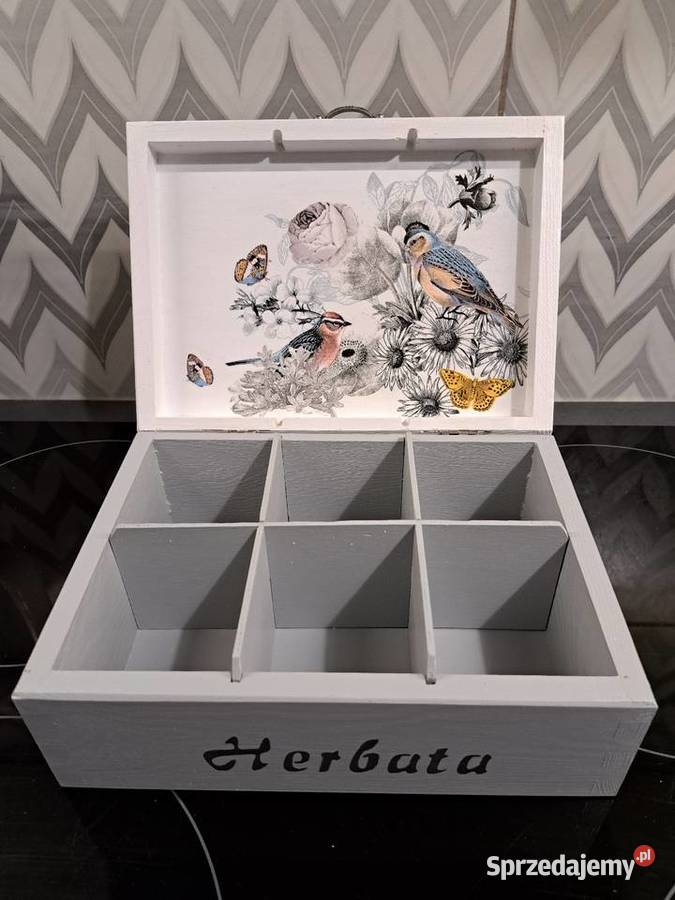 Herbaciarka ptaki szarość szkatułka pudełko ja