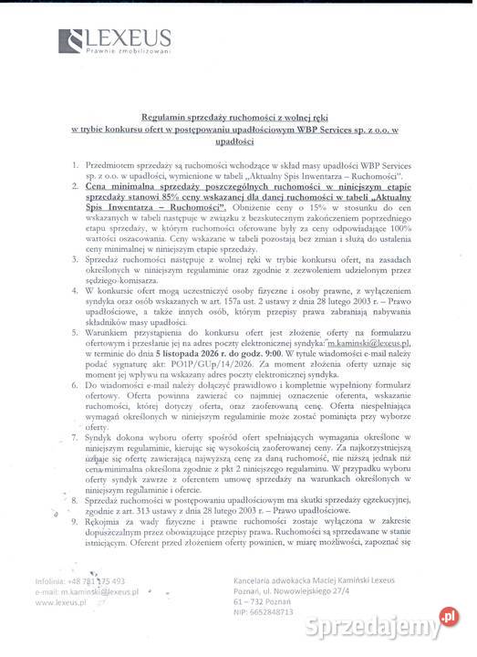 Ogłoszenie o sprzedaży ruchomości Syndyk sprzeda Kruszewo