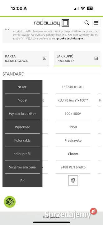 Kabina Prysznicowa Radaway TORRENTA KDJ Lewa inny kolor Dom i Ogród Zgierz