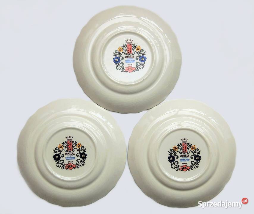 Trzy talerze deserowe vintage w kwiaty Pontesa Lublin