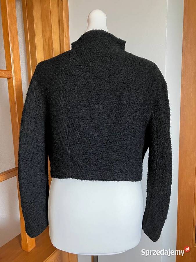 Krótki designerski czarny żakiet vintage wełna Nisko