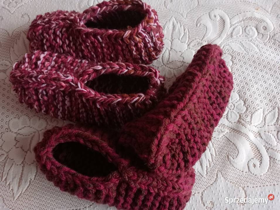 2 pary grubych kapci z włóczki 3640papcie Złotów