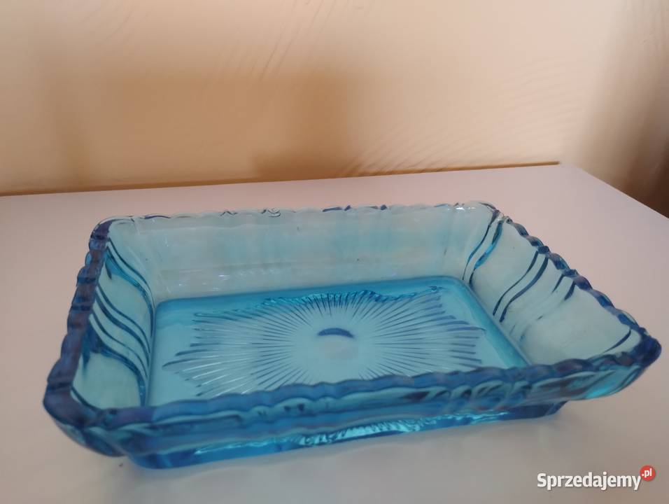 PRL turkusowa patera szkło art deco Łódź